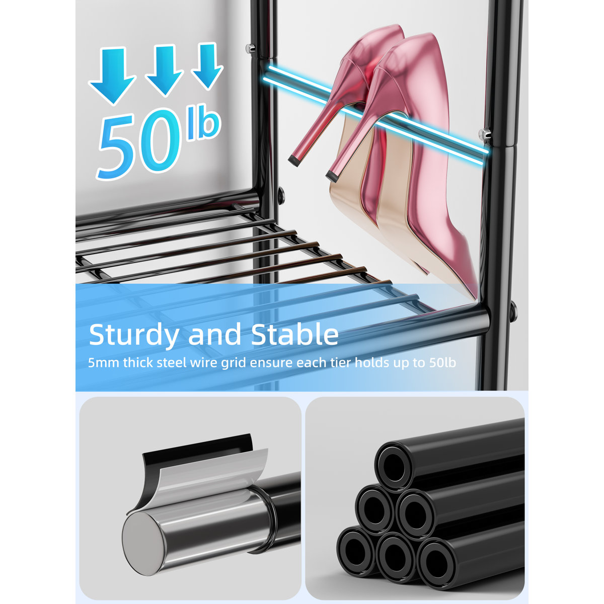 6-Tier Shoe Rack 24 Pair, Metal Shoe Organizer for Closet, Black